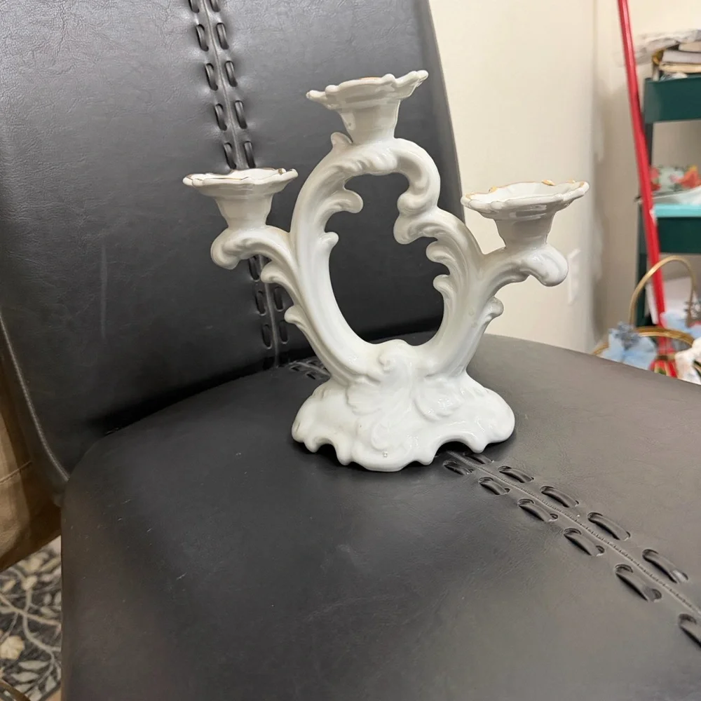 Vintage Porcelain White Candle Holder with Gold accents